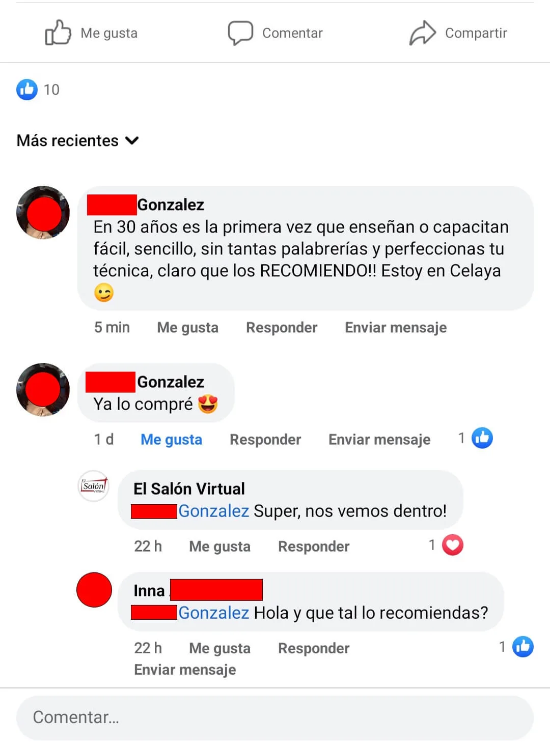 Comentarios de alumnas recomendando el taller de capas