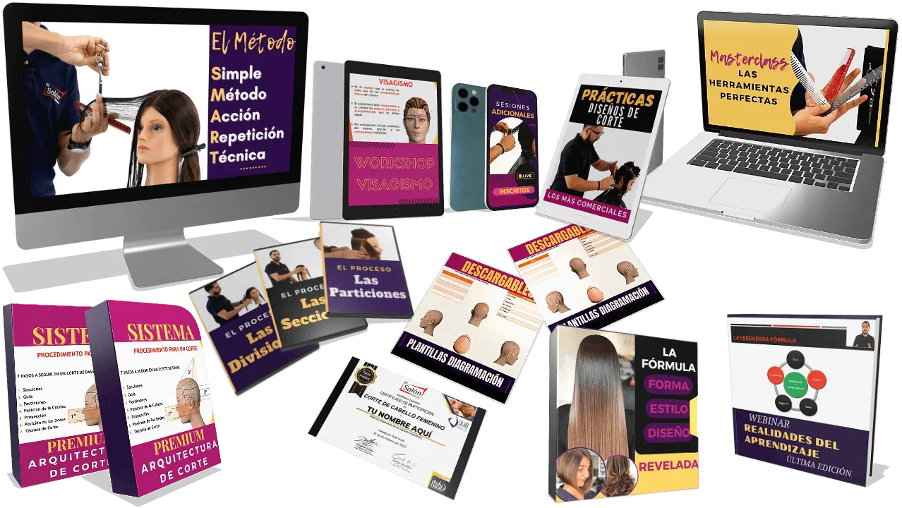 Todo lo que incluye el curso de Corte Femenino: Método SMART, sistema de arquitectura, la fórmula, prácticas, bonos y certificado