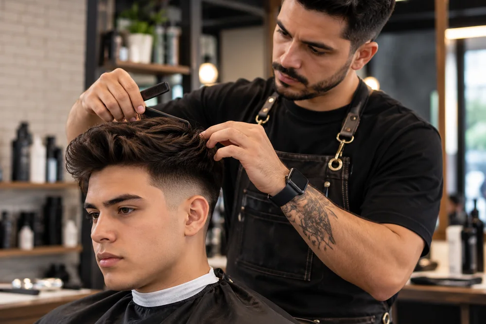 Barbero peinando a su cliente en la barbería