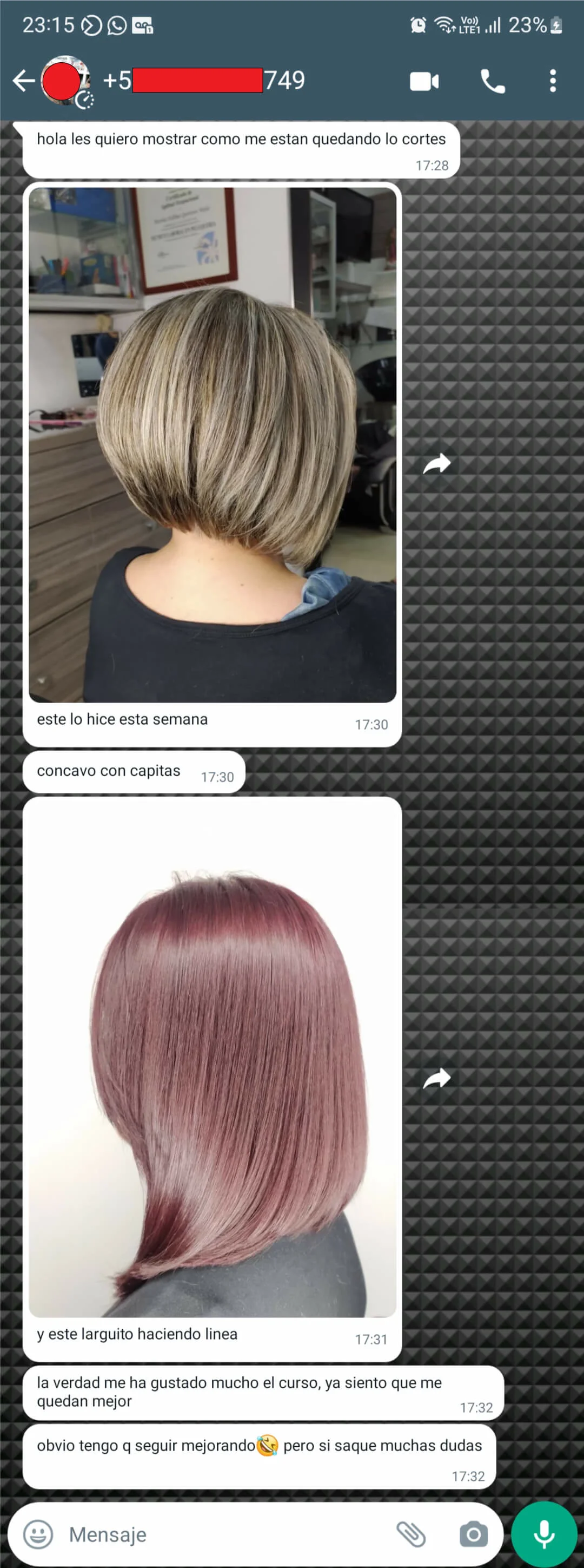 Mensaje de una alumna con fotos de sus cortes cóncavos