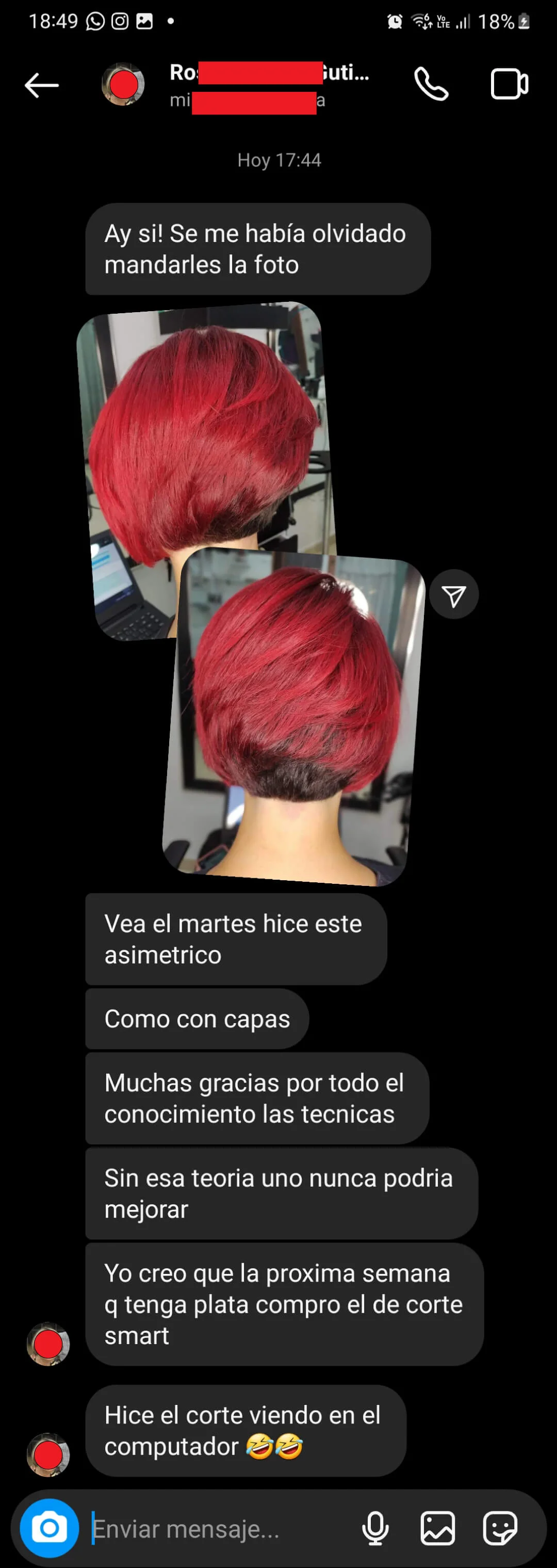 Mensaje de una alumna con su corte Bob asimétrico