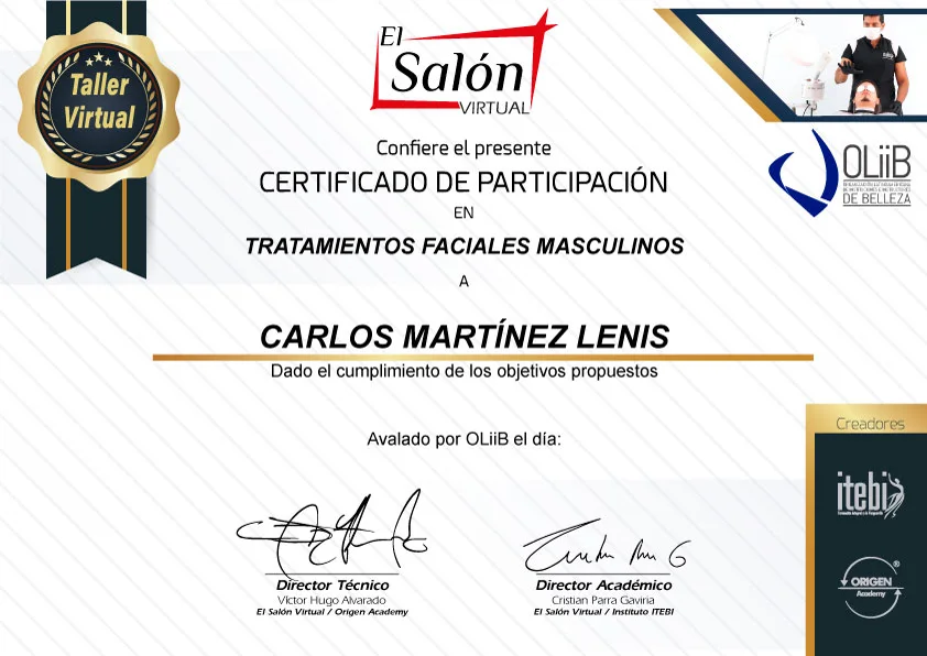 Certificado de participación en Tratamientos Faciales Masculinos