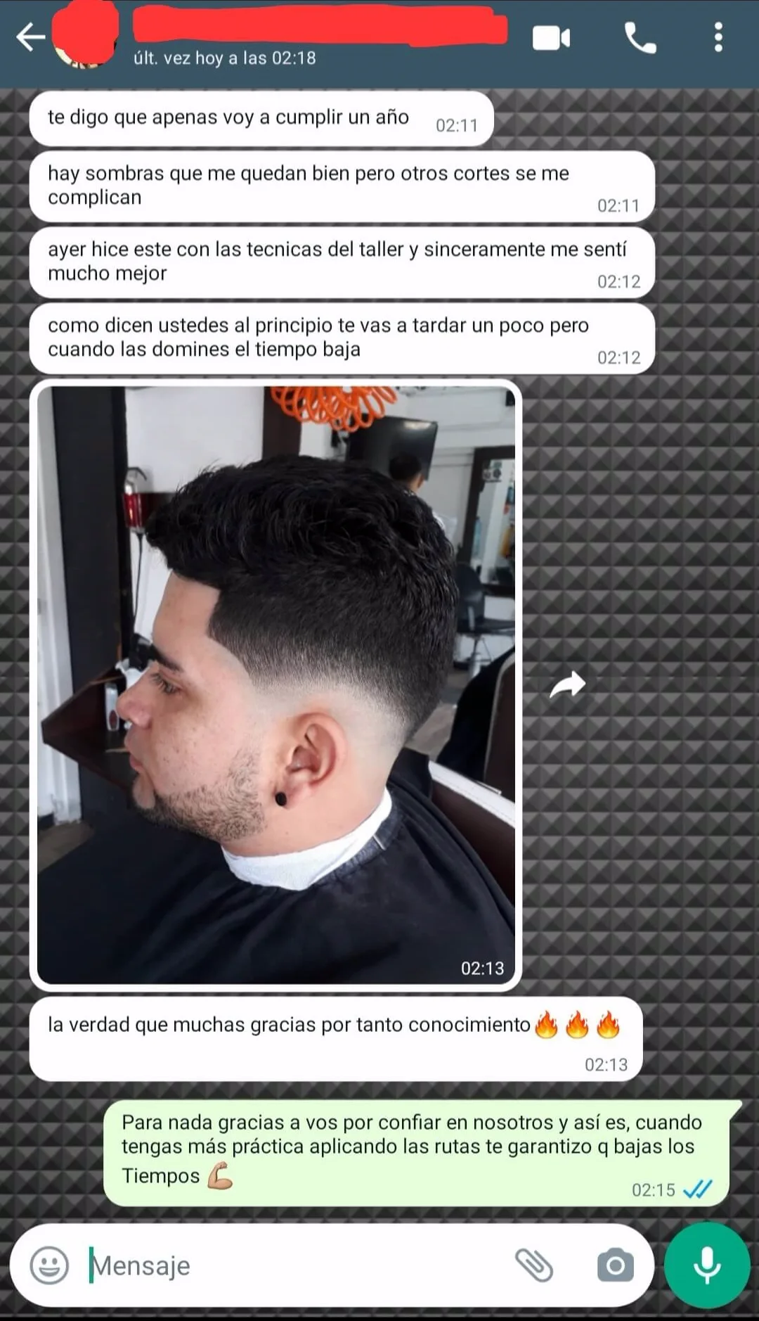 Mensaje de WhatsApp de un alumno con su desvanecido después del taller