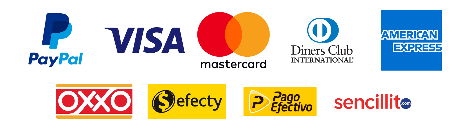 Medios de pago: PayPal, Visa, Mastercard, American Express, Diners, Oxxo, Efecty, Sencillito y otros