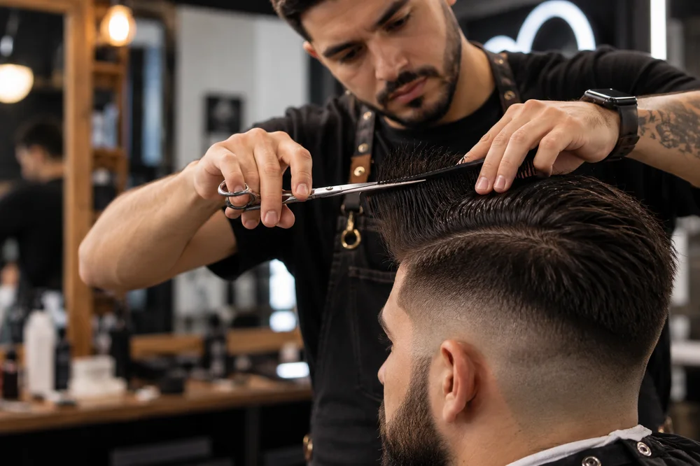 Barbero cortando con precisión con tijera