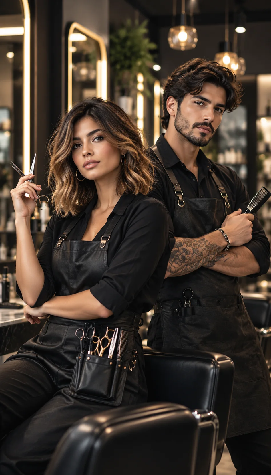 Estilista y barbero con sus tijeras en un salón de lujo